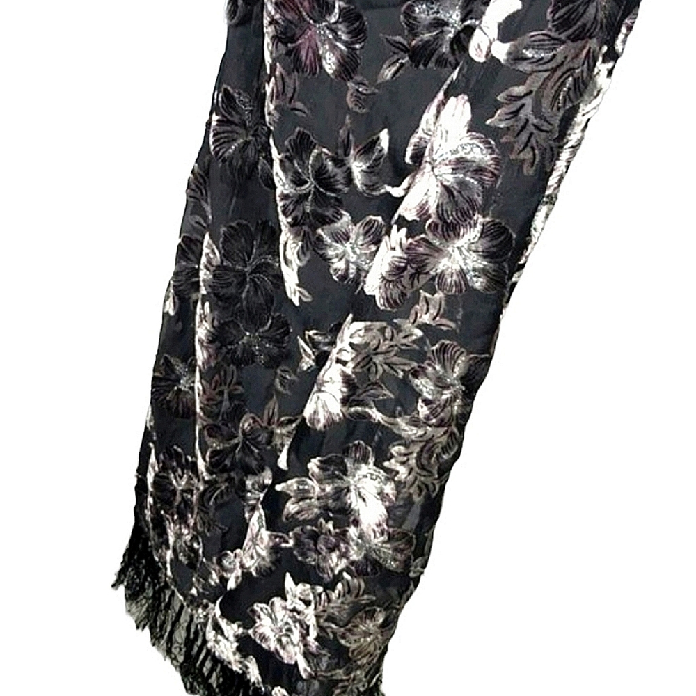 Formal scarf Black silver pure silk mesh chiffon rayon silver embroidery 170x50 - Picture 2 of 8